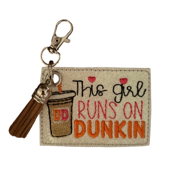 NEW Embroidered “This Girl Runs On DUNKIN” Coffee Faux Leather Keychain - Picture 3 of 5